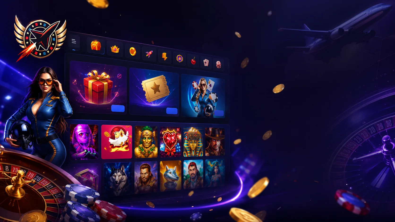 Aerobet Casino France avec lobby de jeux, roulette et avion